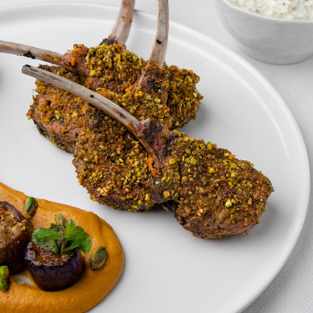 Holiday Recipes - Harissa Spiced Lamb with Glazed Eggplant and Pistachio Raita