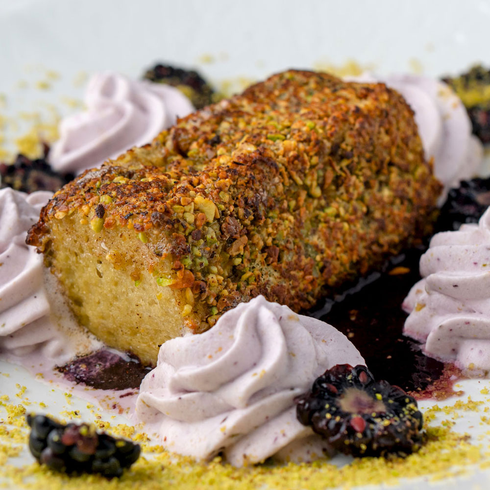 Holiday Recipes - Pistachio-crusted Pain Perdu Blackberry Chantilly