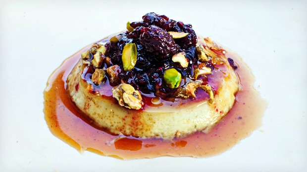 flan with candied pistachios