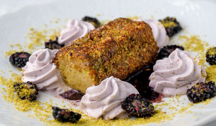 Pistachio-Crusted Pain Perdu with Blackberry Chantilly